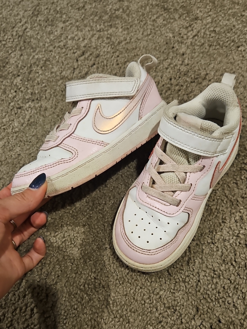 Nike Kids White and Light Pink Sneakers with Metallic Rose Swoosh